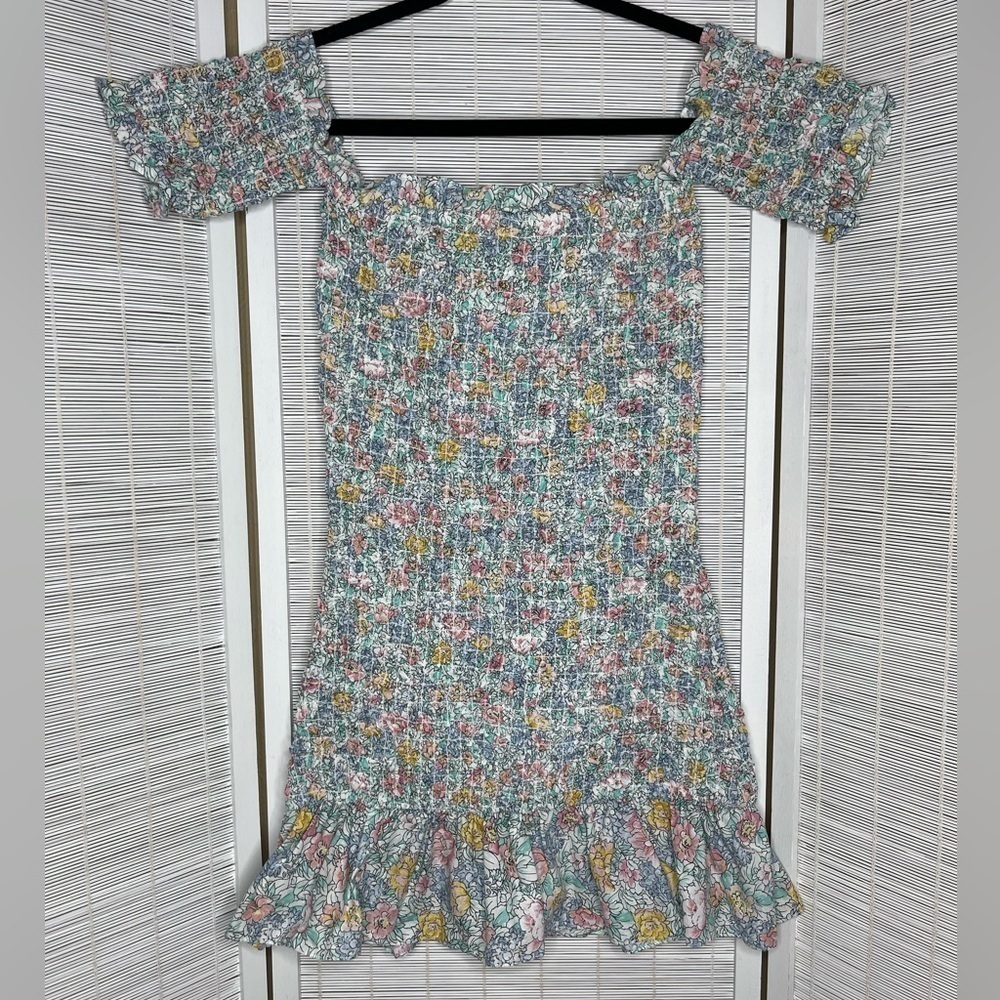Petersyn Benson Off Shoulder Smocked Floral Mini Dress Blue Pink NWT Size S